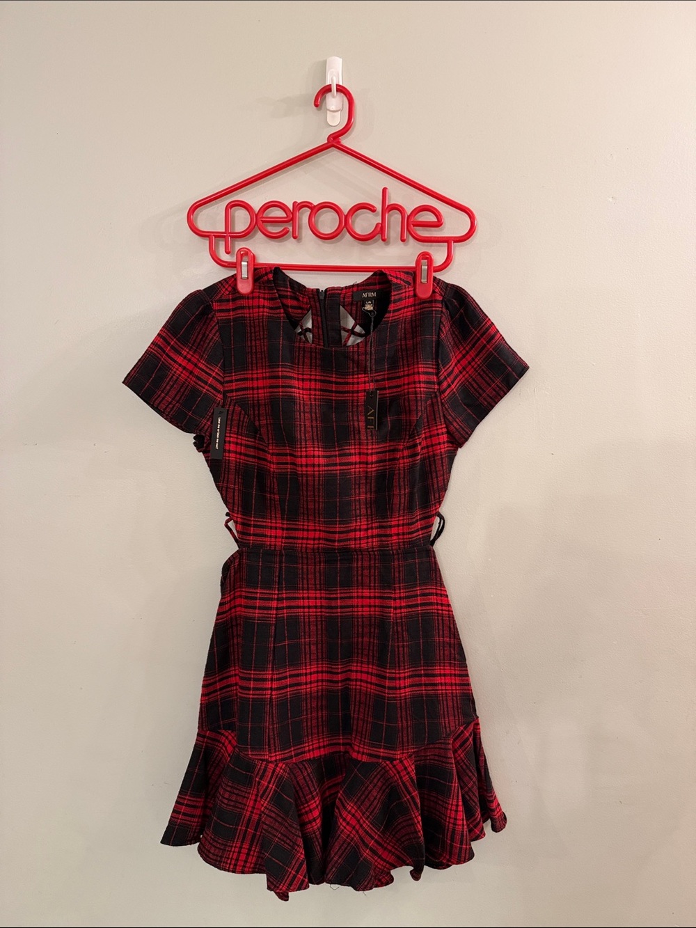 AFRM Los Angeles, Chelsea, Lattice Back, Plaid Flannel Mini Dress, NWT, Sz.L